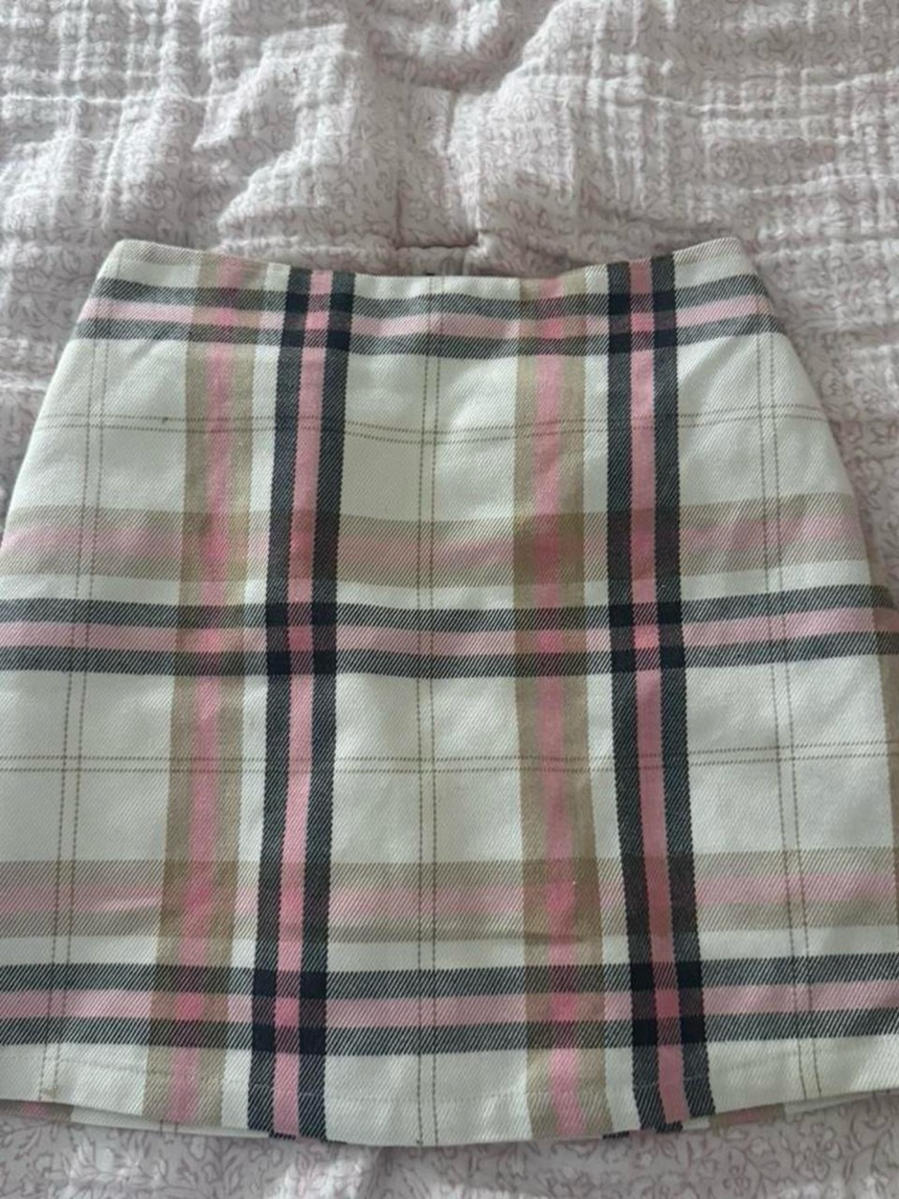 Francesca's Collections Ivory Plaid Mini Skirt with Pink and Tan Stripes